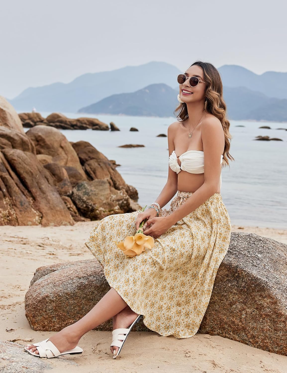 Women Floral Print Midi Skirt Summer Beach Pleated Elastic High Waisted A Line Skirt