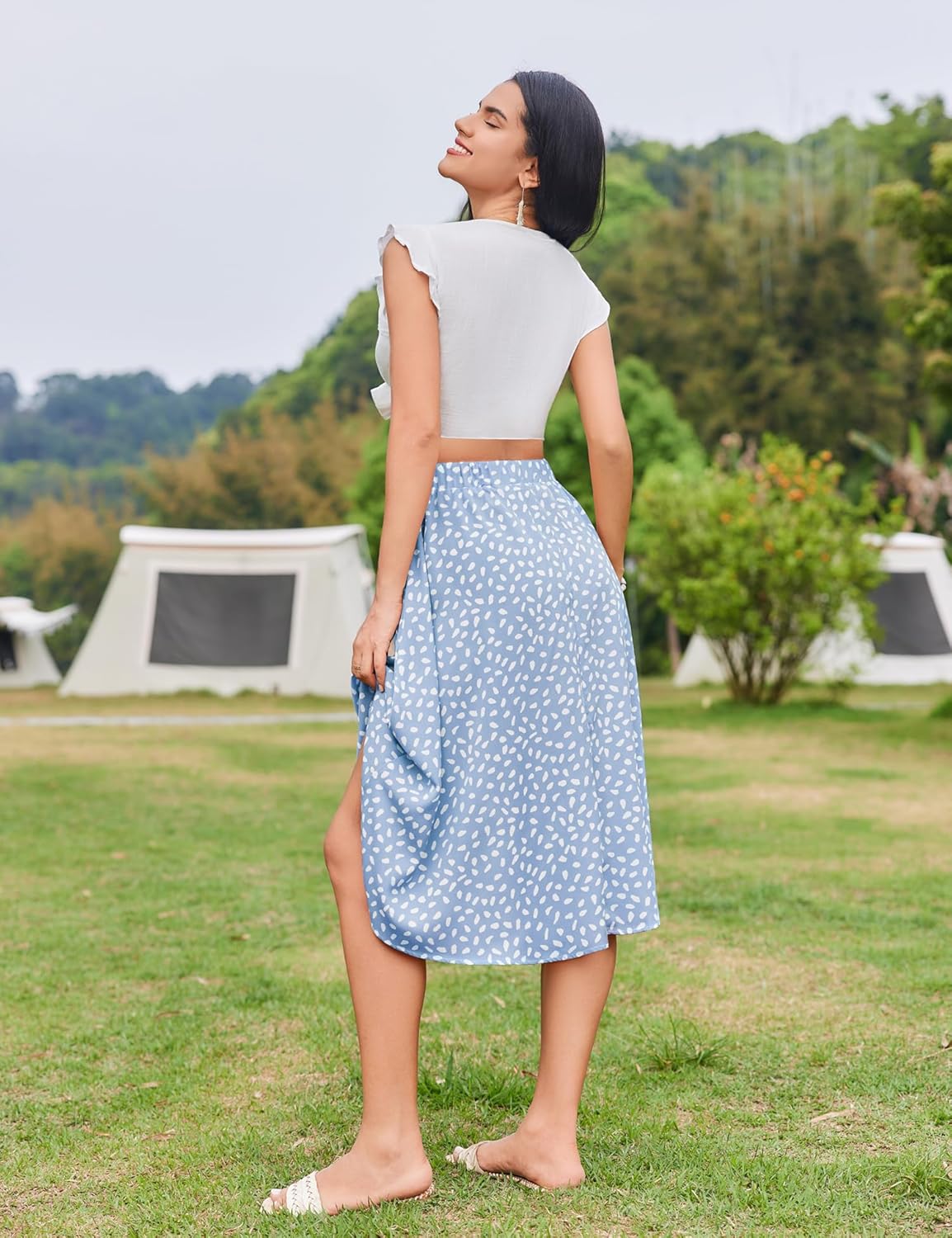 Women Floral Print Midi Skirt Summer Beach Pleated Elastic High Waisted A Line Skirt