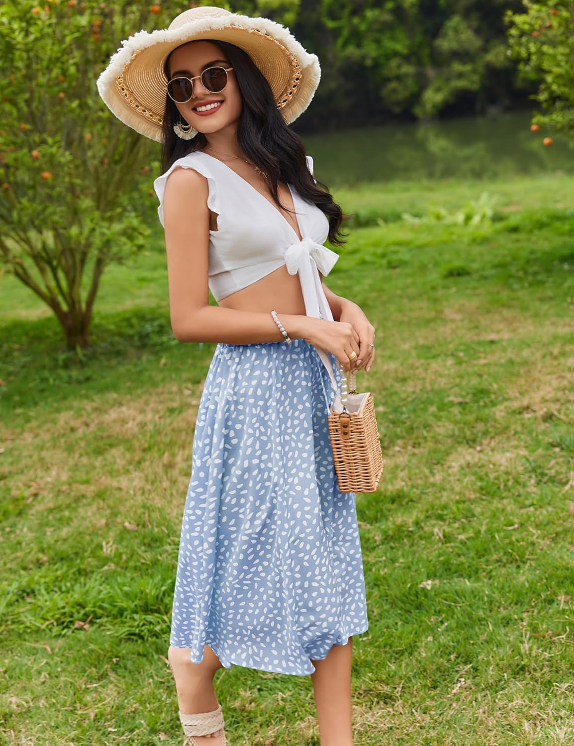 Women Floral Print Midi Skirt Summer Beach Pleated Elastic High Waisted A Line Skirt