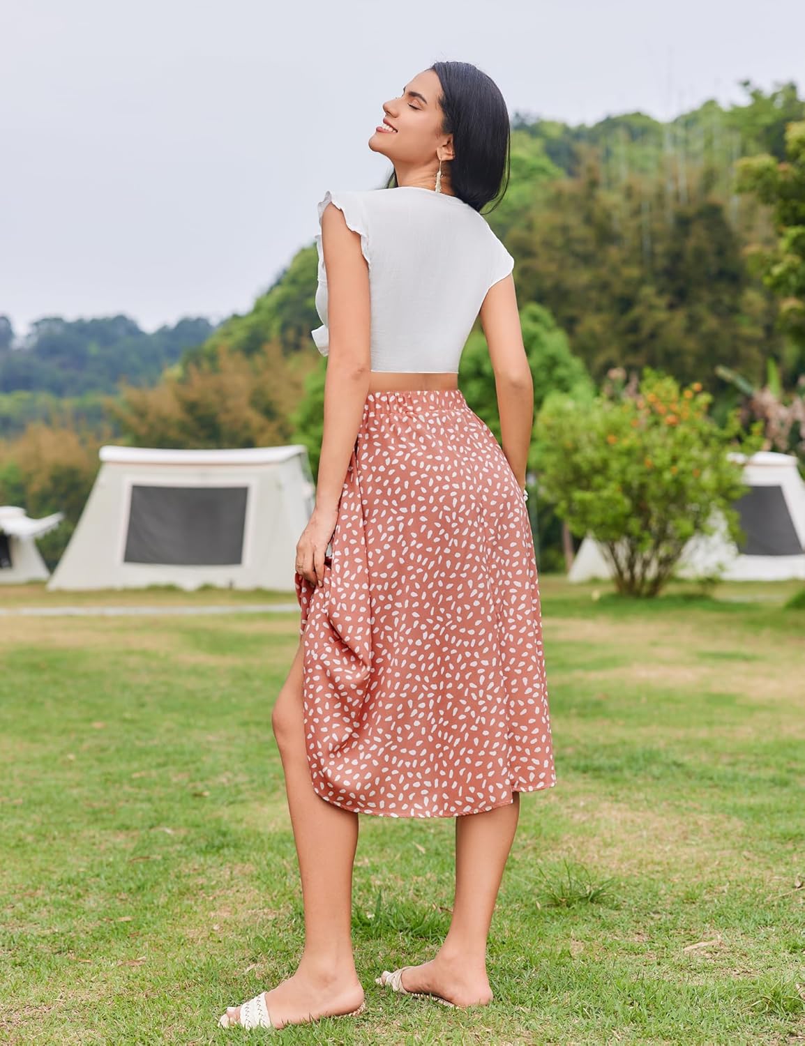 Women Floral Print Midi Skirt Summer Beach Pleated Elastic High Waisted A Line Skirt