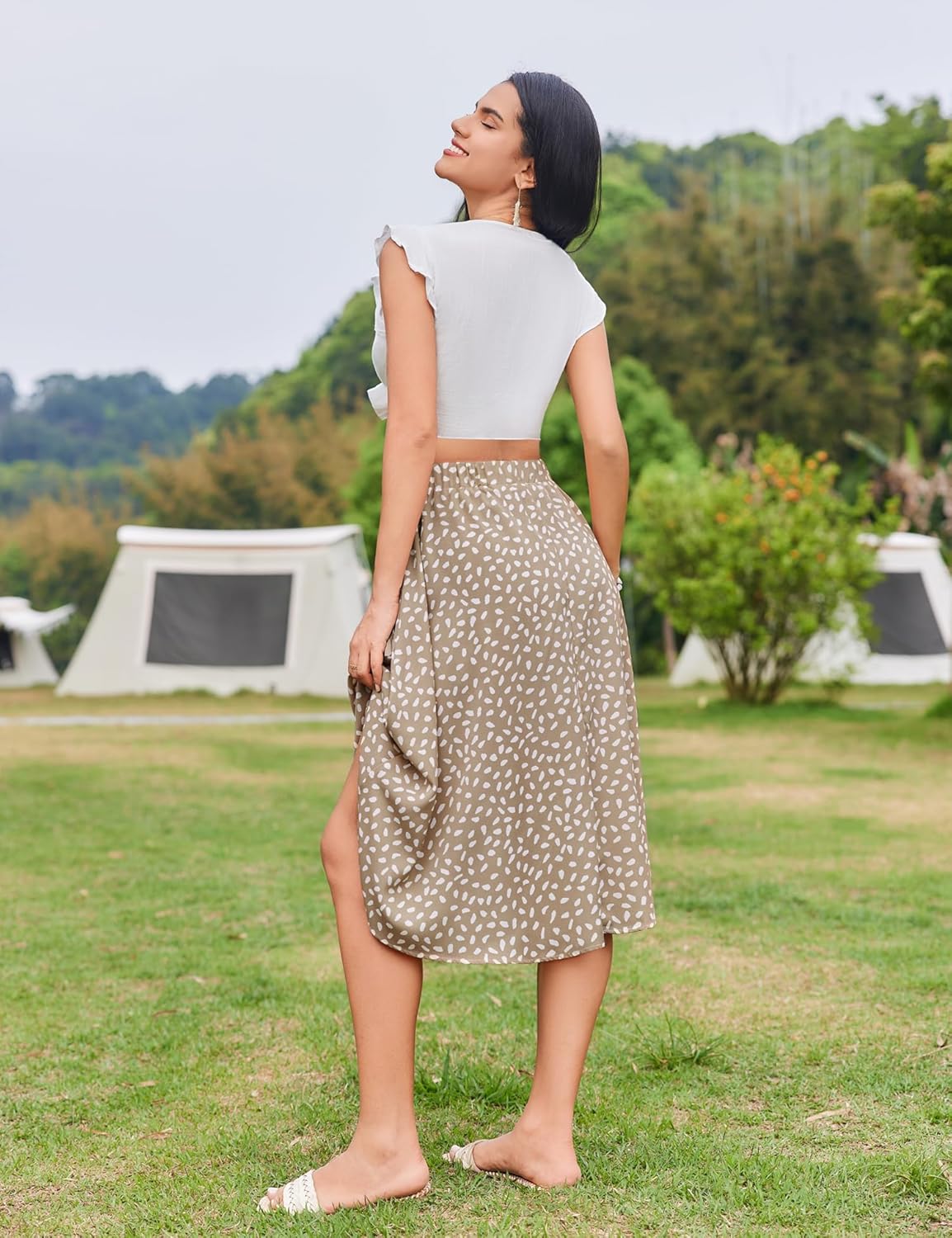 Women Floral Print Midi Skirt Summer Beach Pleated Elastic High Waisted A Line Skirt
