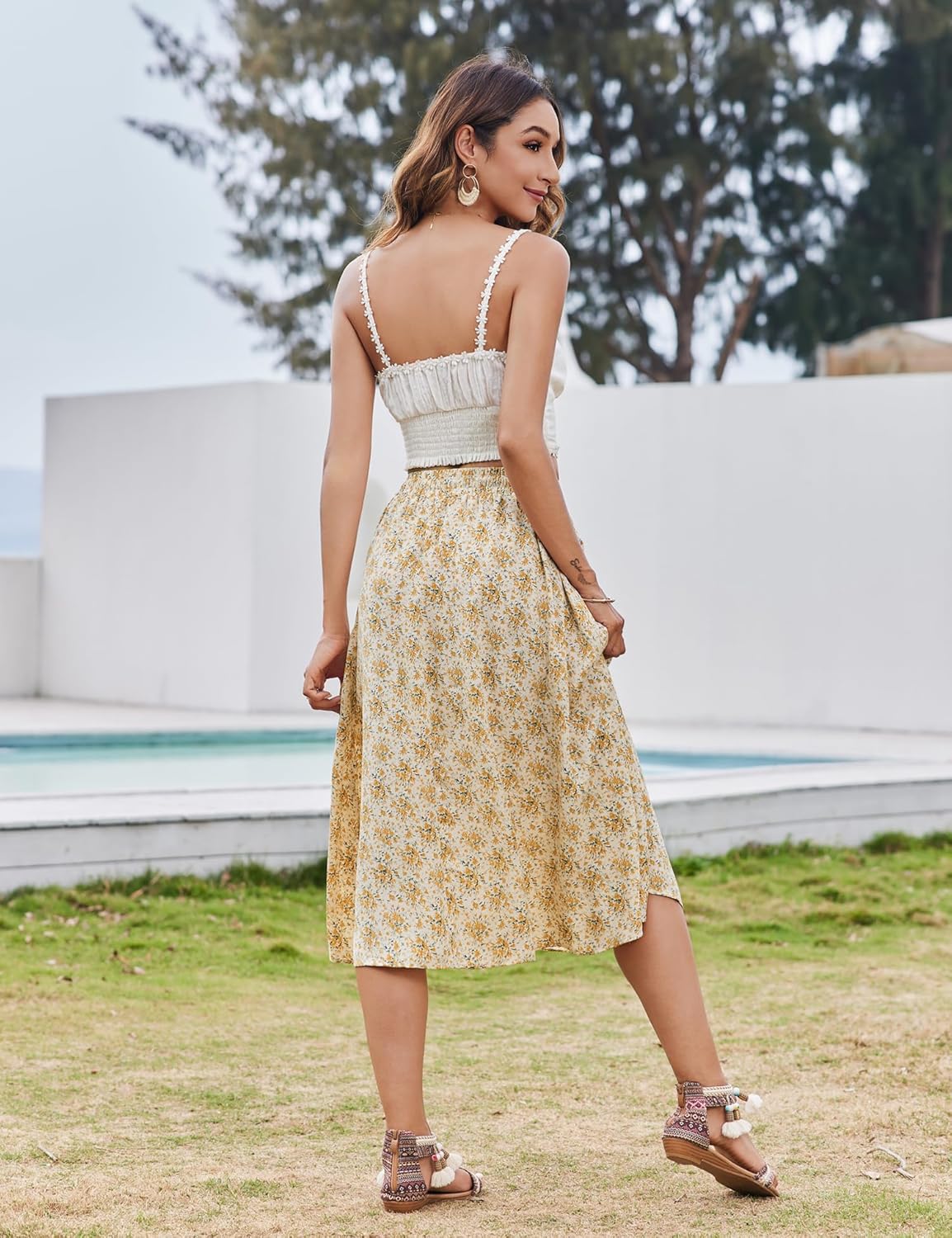 Women Floral Print Midi Skirt Summer Beach Pleated Elastic High Waisted A Line Skirt
