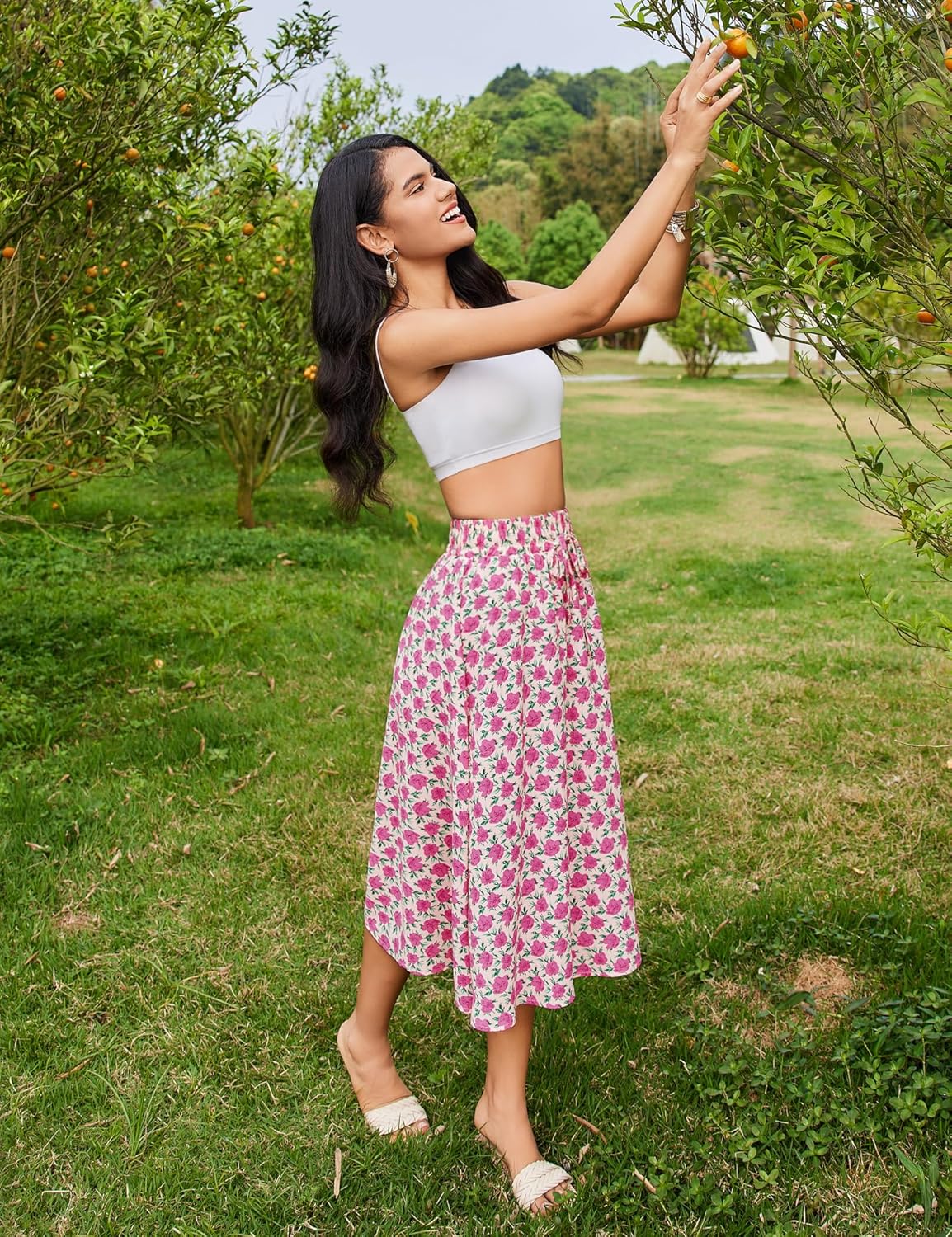 Women Floral Print Midi Skirt Summer Beach Pleated Elastic High Waisted A Line Skirt